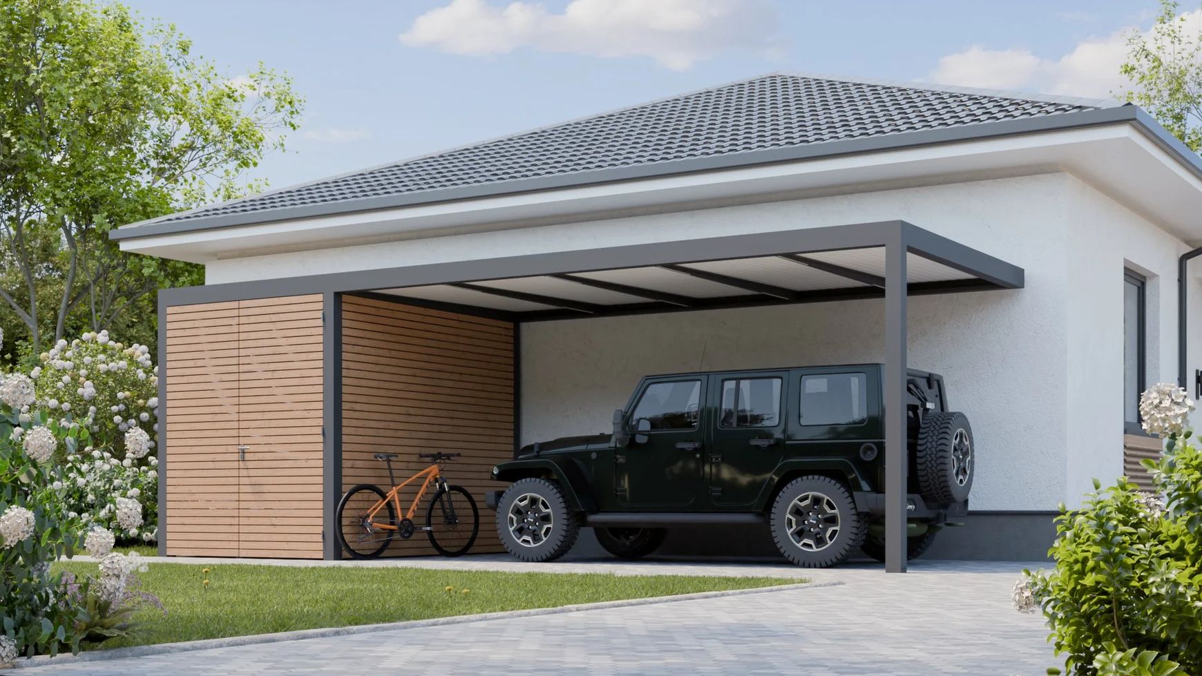 Dunkelgrauer Carport mit Schwarzem Auto darunter vor einem Haus